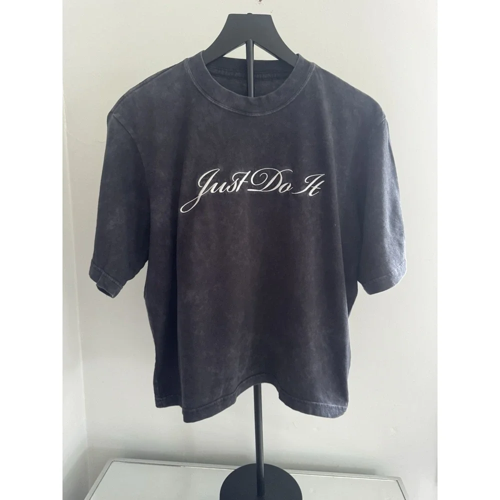 Nike Just Do It Script Tee Women's Small Black Acid Wash Loose Fit Cotton Shirt